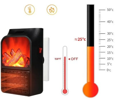 Aquecedor de tomada com efeito chama e regulação de temperatura