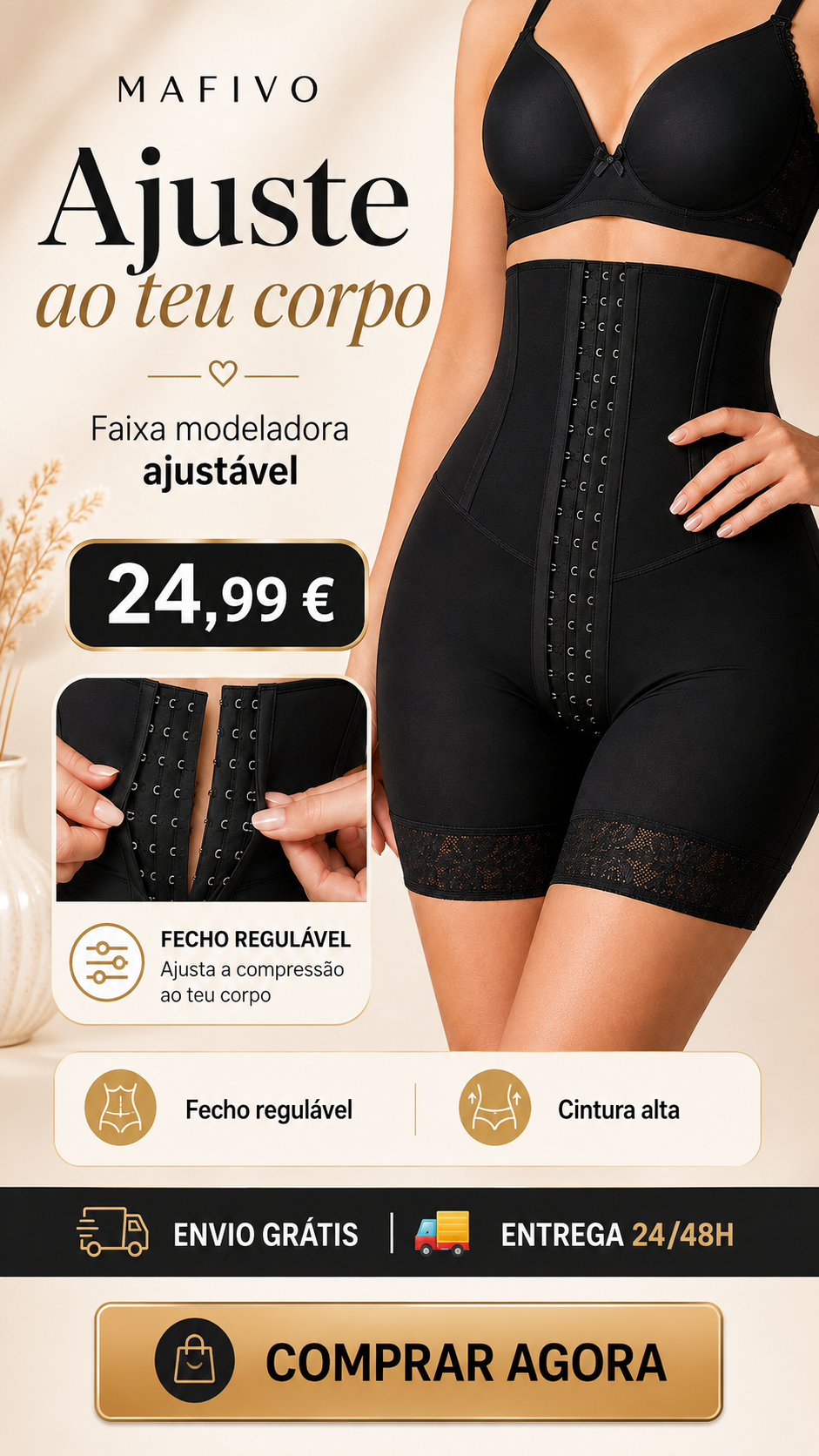 Cinta modeladora de cintura ajustável preta – M/L