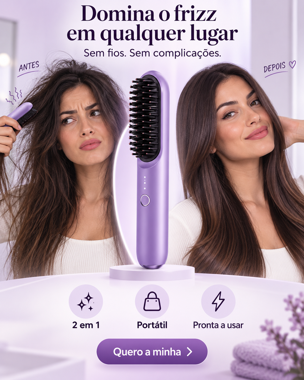 Mini Escova Alisadora e Modeladora Sem Fios 2 em 1 – Roxa