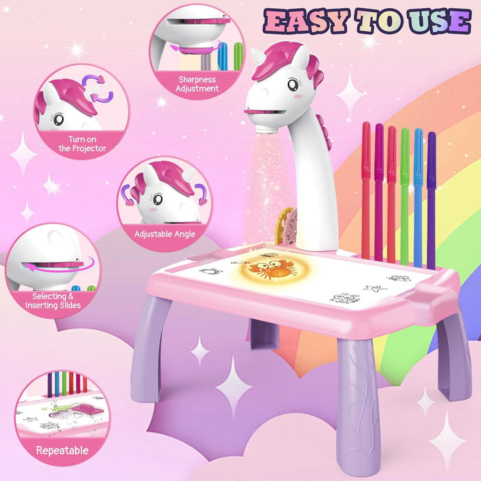 Mesa de desenho infantil com projetor – unicórnio rosa