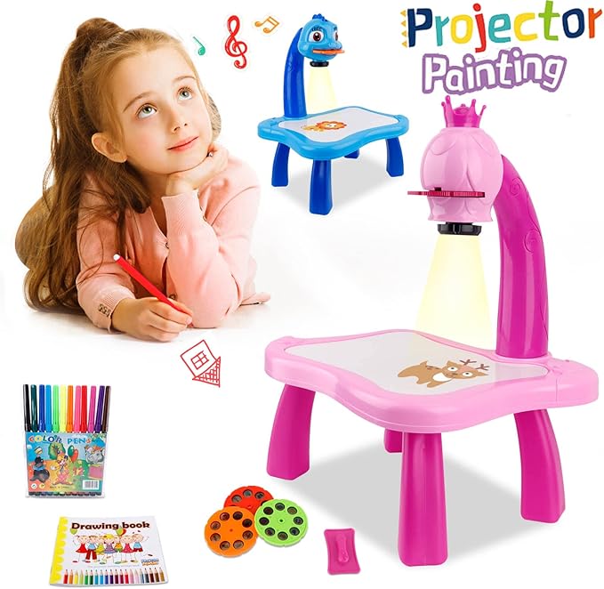 Mesa de desenho infantil com projetor Rosa Coroa – menina a desenhar