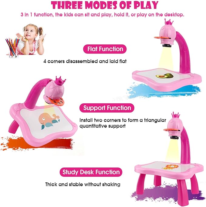 Mesa de desenho infantil com projetor Rosa Coroa – três modos de utilização