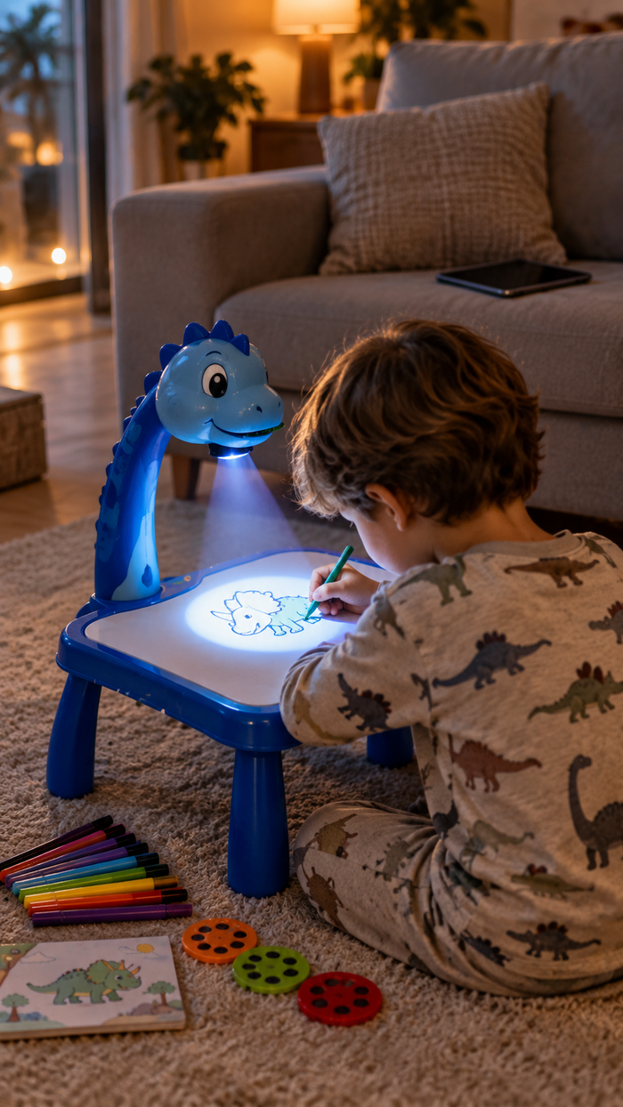 Mesa de desenho infantil com projetor Dinossauro Azul – criança a desenhar à noite