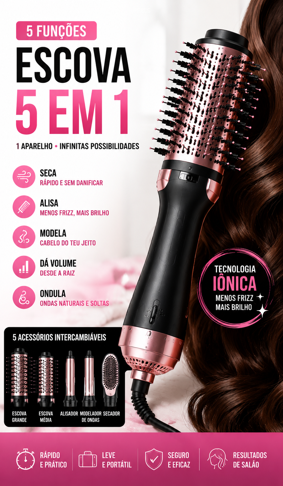 Escova Modeladora 5 em 1 – Secar, Alisar, Modelar e Dar Volume