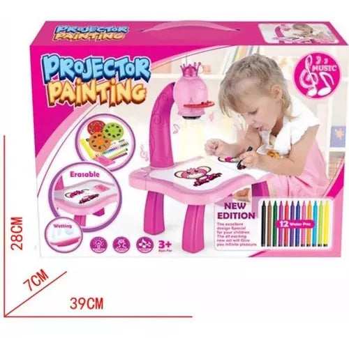 Mesa de desenho infantil com projetor Rosa Coroa – caixa e medidas
