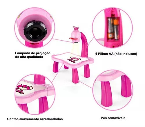 Mesa de desenho infantil com projetor Rosa Coroa – esquema das partes da mesa