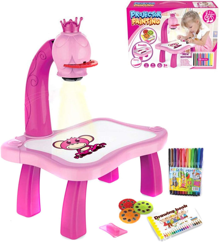 Mesa de desenho infantil com projetor Rosa Coroa – mesa com marcadores e discos de projeção