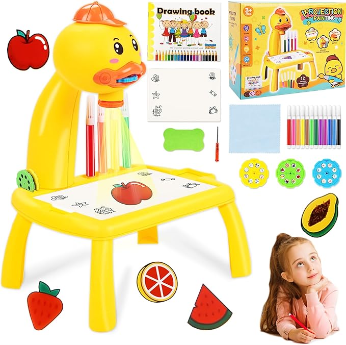 Mini mesa de desenho infantil com projetor – pato amarelo